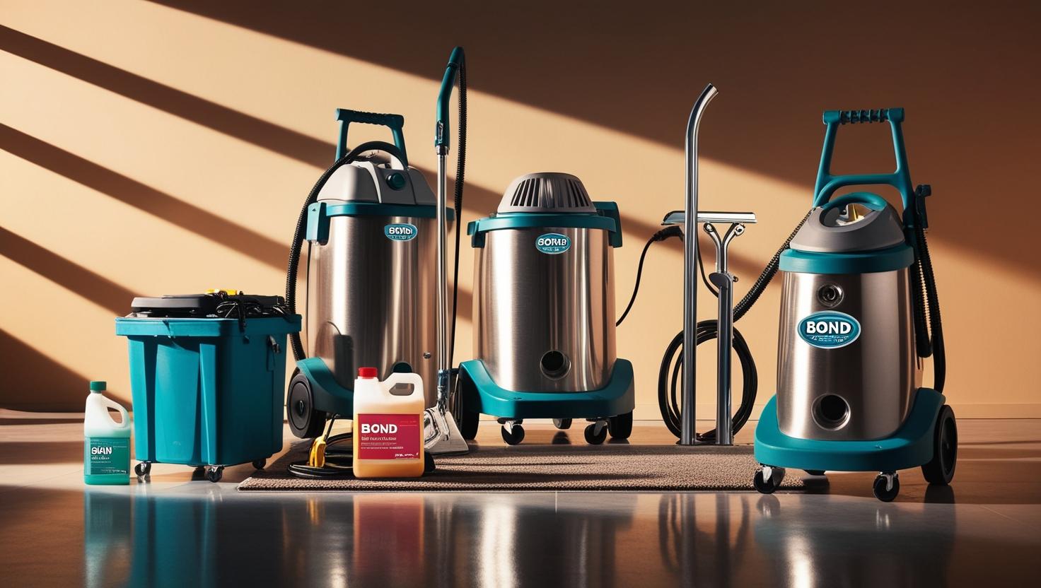 Professional-grade bond cleaning equipment including steam cleaners, carpet extractors, and specialized tools for coastal properties