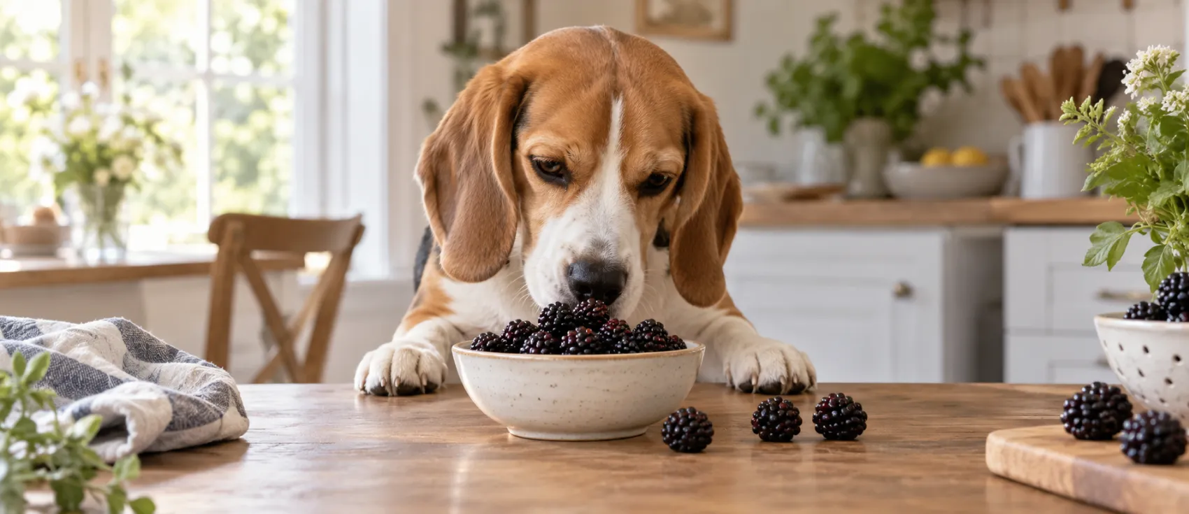 A Beagle noses a bowl of fresh blackberries on a wooden table.