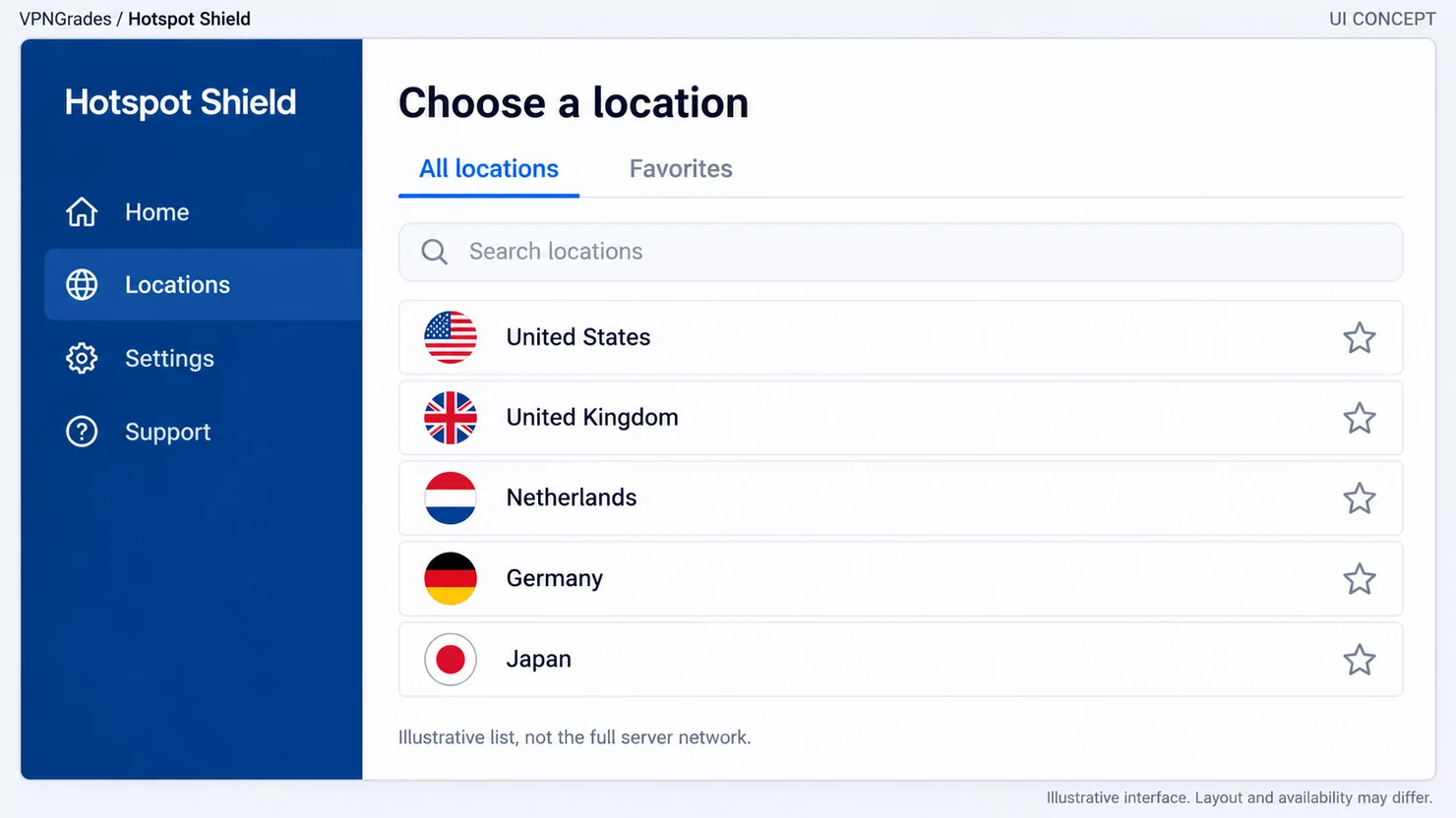 Hotspot Shield: a location picker concept (illustration).
