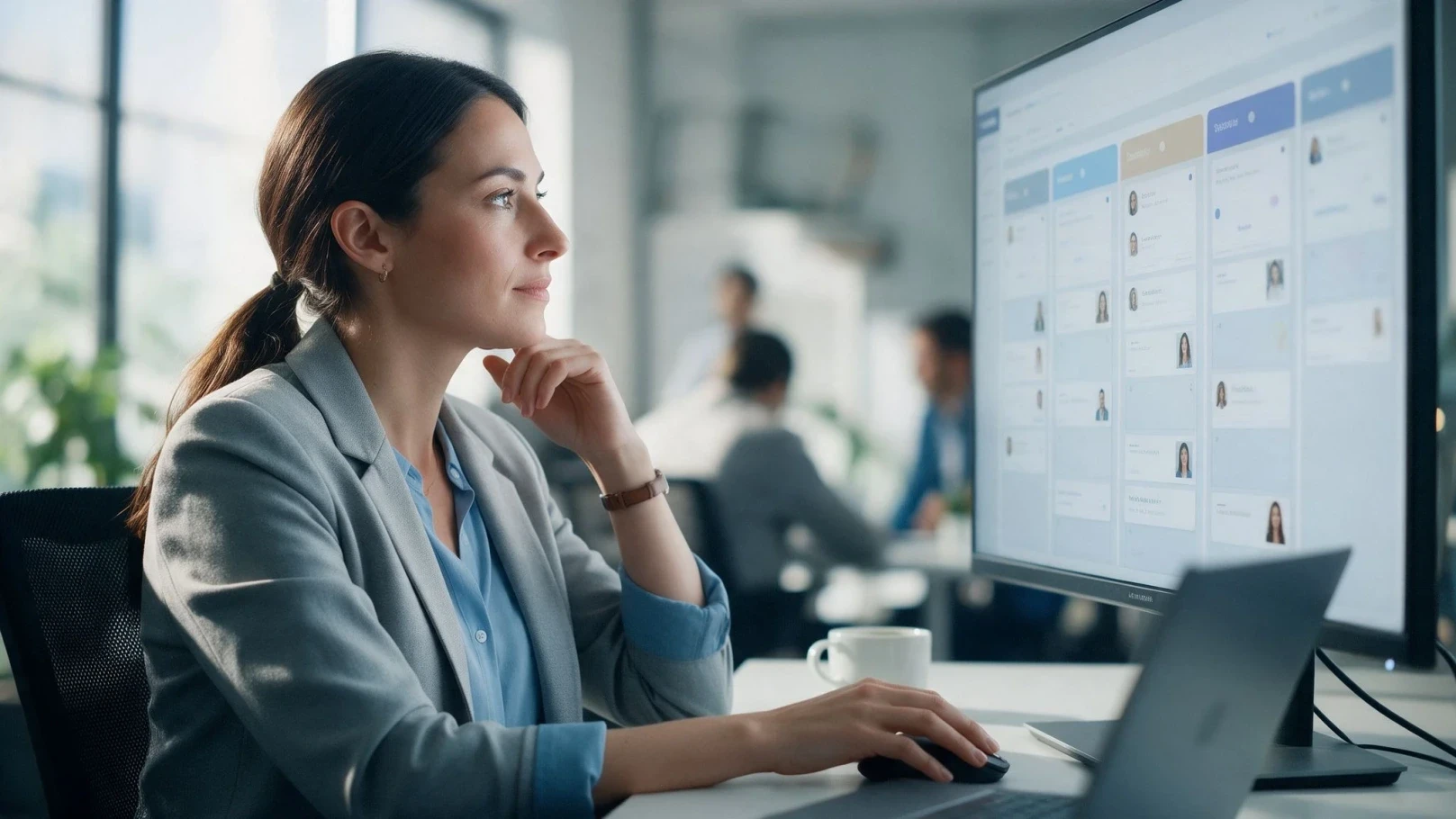 Recruiter reviewing candidate pipeline management software on a large monitor, with candidate profile cards organized into hiring stage columns in a modern office.