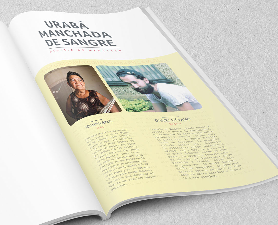 An open book displays two photographs: one of a woman with dark hair holding a basket and another of a man with a beard wearing a white shirt. The book's pages are cream-colored with text in Spanish. The title at the top reads “URABAÑ MANCHADA DE SANGRE,” followed by “MEMORIA DE MEDELLIN” below it.