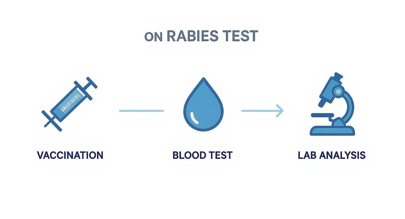 Flowchart showing steps for a rabies test: vaccination, blood test, and lab analysis.