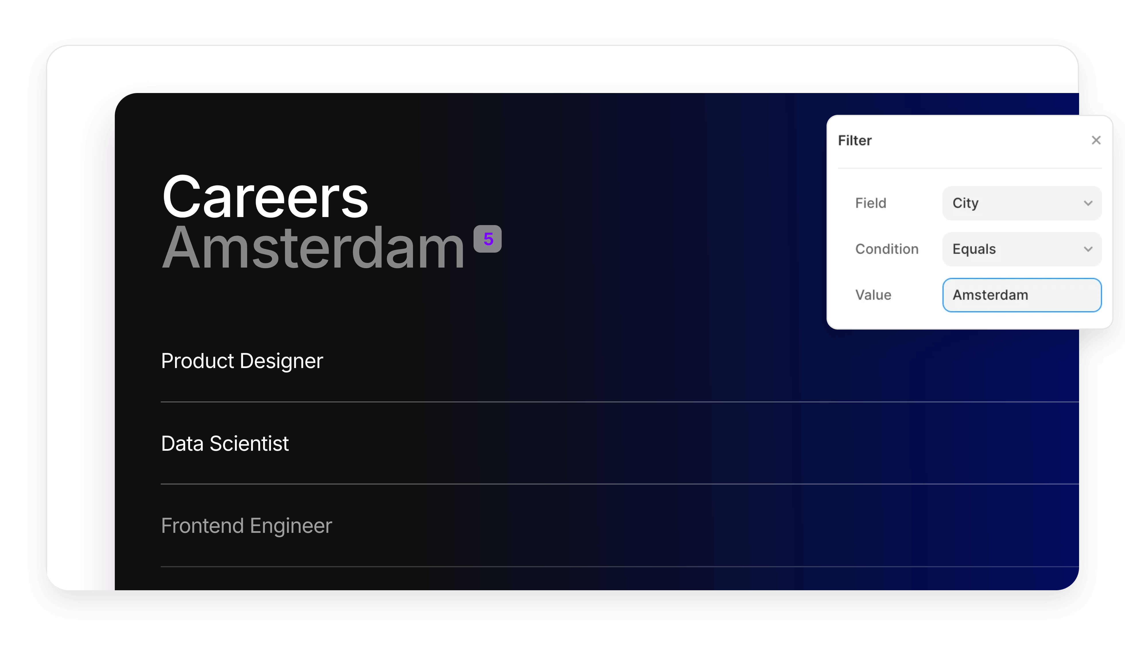 Filter dialogue box of framer