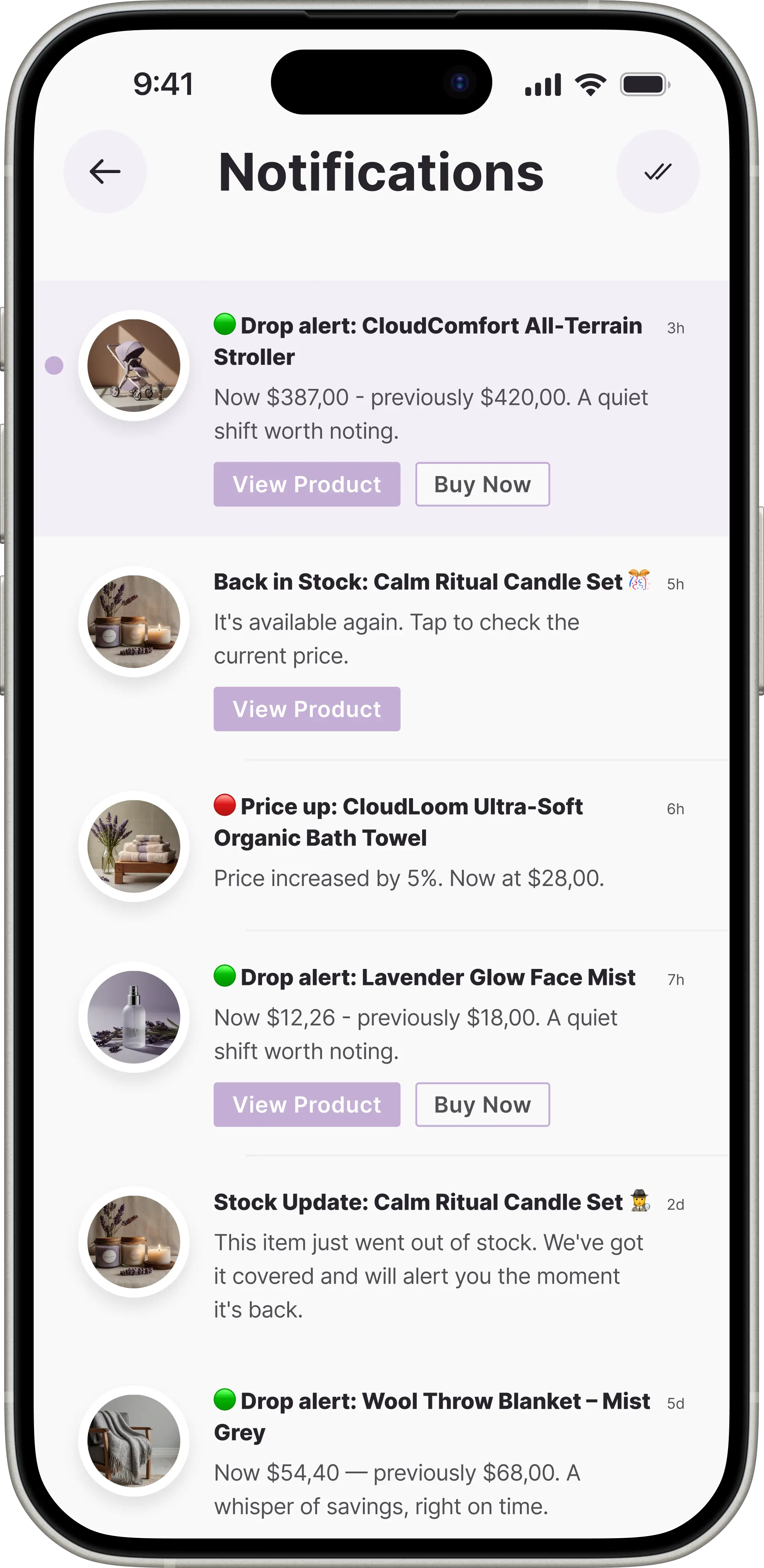 Whisprice app notification hub showing a feed of price alerts including drop alerts, price increase alerts, back-in-stock and out-of-stock updates across multiple tracked products.