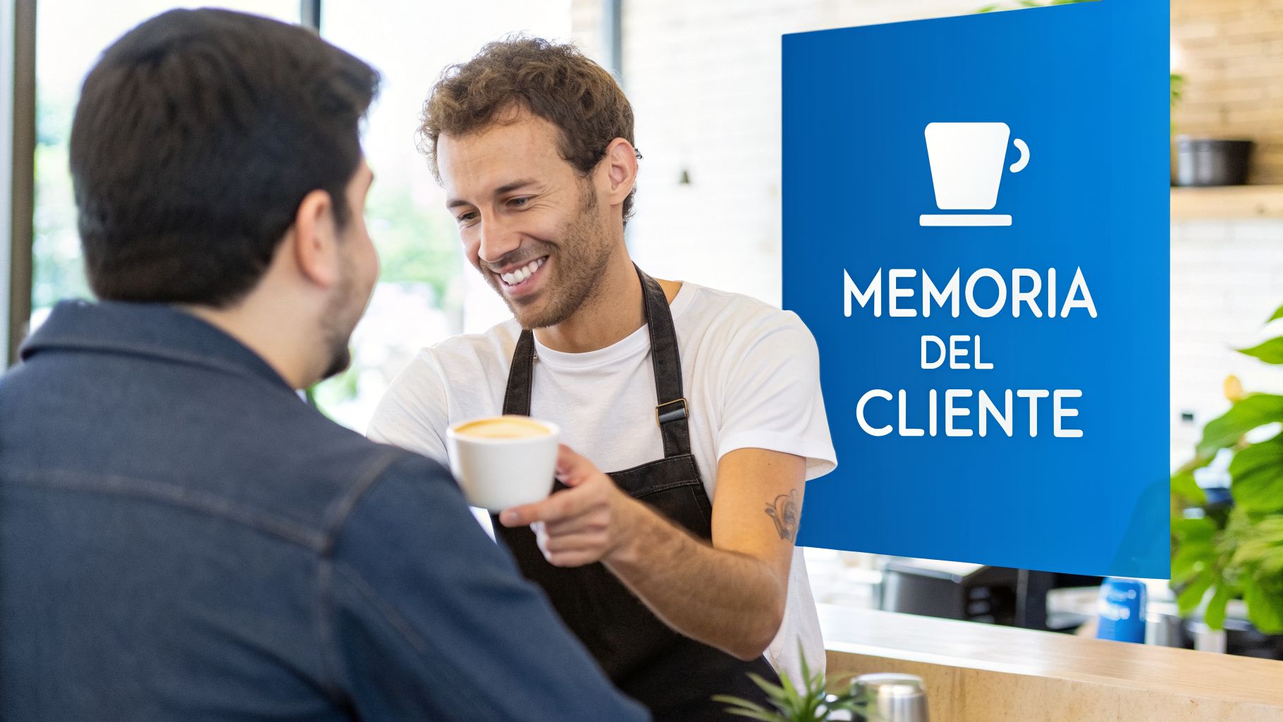 Barista sonriente sirviendo café a un cliente, con un banner azul que dice 'Memoria del Cliente'.