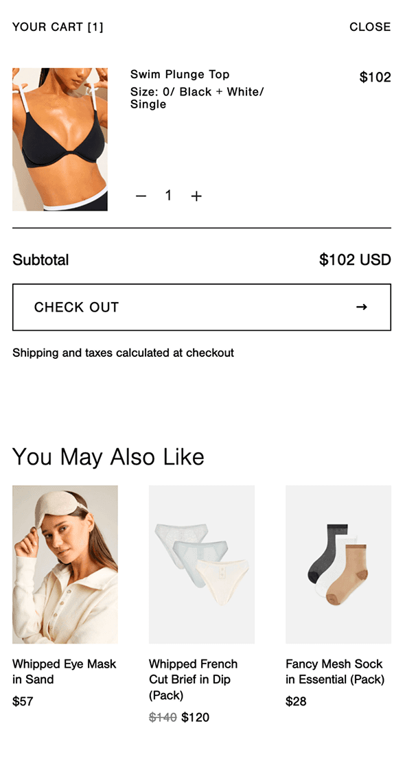 Mobile shopping cart for Negative Underwear showing selected items