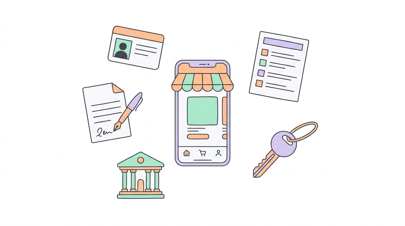 Illustration of the manual setup steps before you can add payments to an app: an ID card, a signed agreement, a bank, a blank form, and a key around a phone storefront
