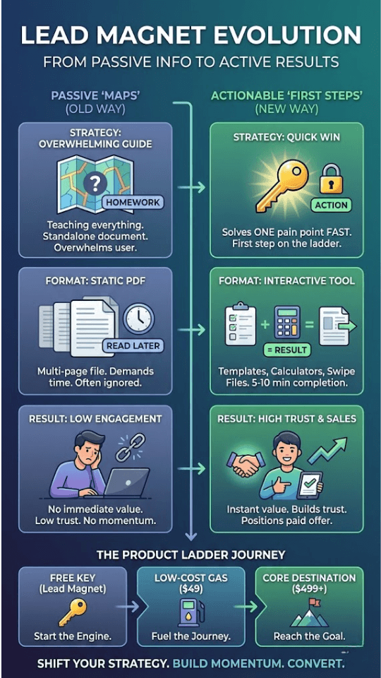 Stop losing leads to boring PDFs! Learn the #1 lead magnet secret: Move from passive ""maps"" to actionable ""first steps."" Discover how to build a high-converting Product Ladder using templates, swipe files, and tools that deliver instant results. Turn your freebie into a profit-generating funnel today. Infographic comparing ""Do vs. Don\'t"" for lead magnets. Left side shows ""The Old Way"" with passive PDFs and maps. Right side shows ""The New Way"" with actionable tools like calculators and templates. Includes the ""Road Trip Funnel"" concept showing the transition from Free Lead Magnets to Core Paid Offers.