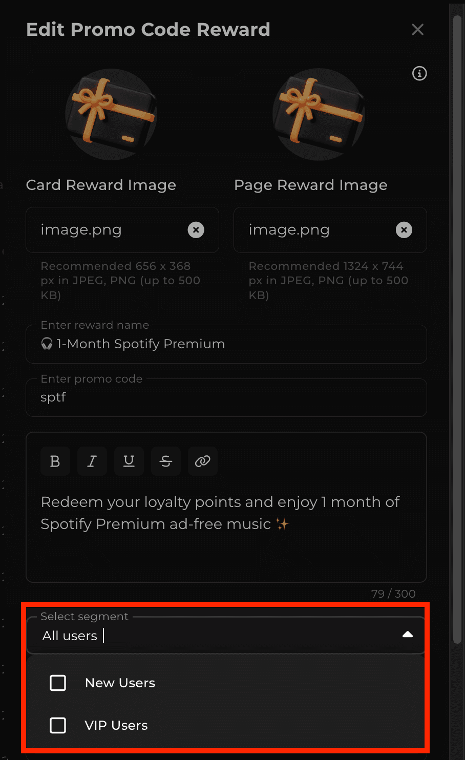 Loyalty platform admin interface showing promo code reward setup: uploading card and page reward images, entering reward name (1-Month Spotify Premium), promo code (sptf), reward description, and selecting target user segment (All users)