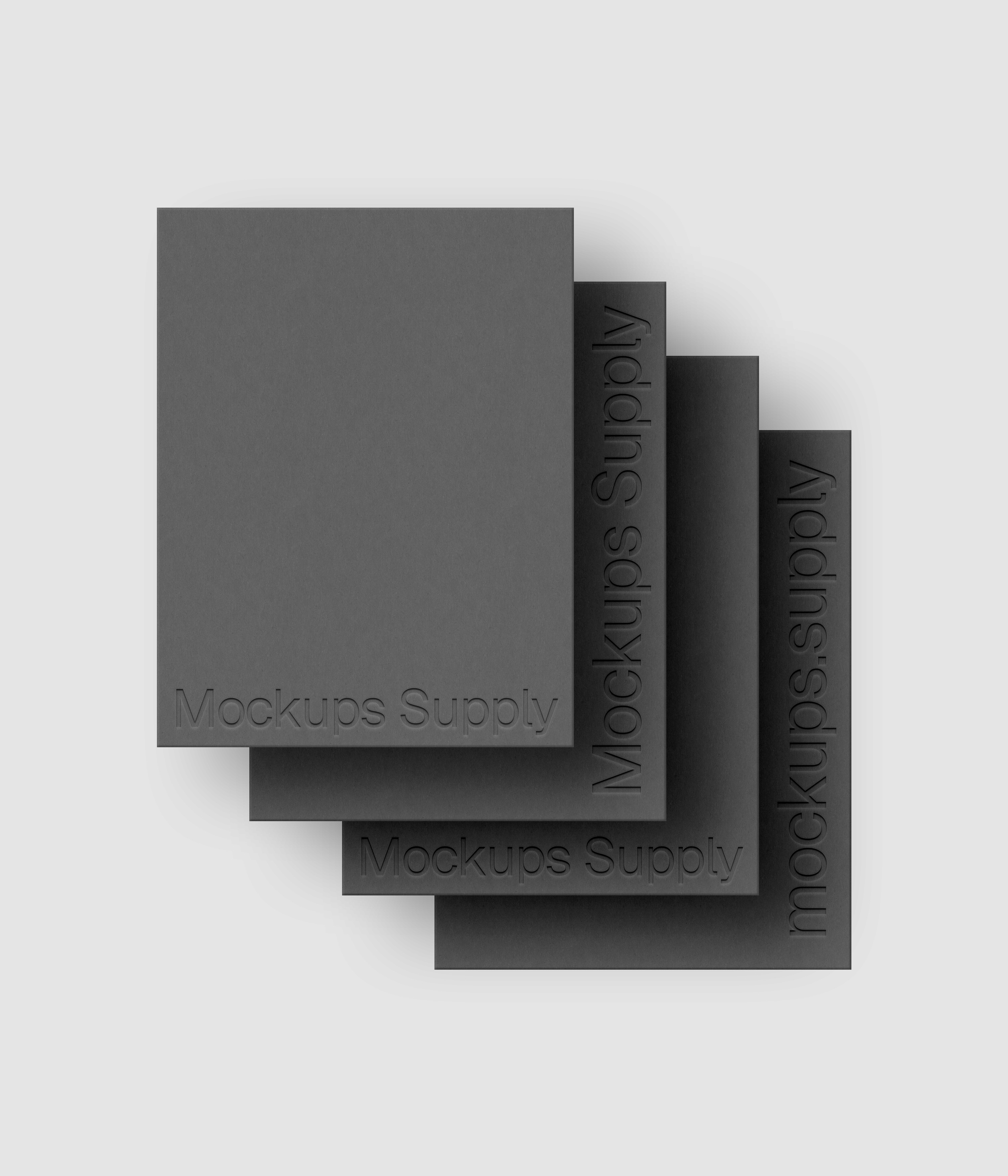 Four US Letter paper mockup PSD portrait with debossed logo effect, gray papers on white background, modern minimal stationery mockup for print design and brand identity