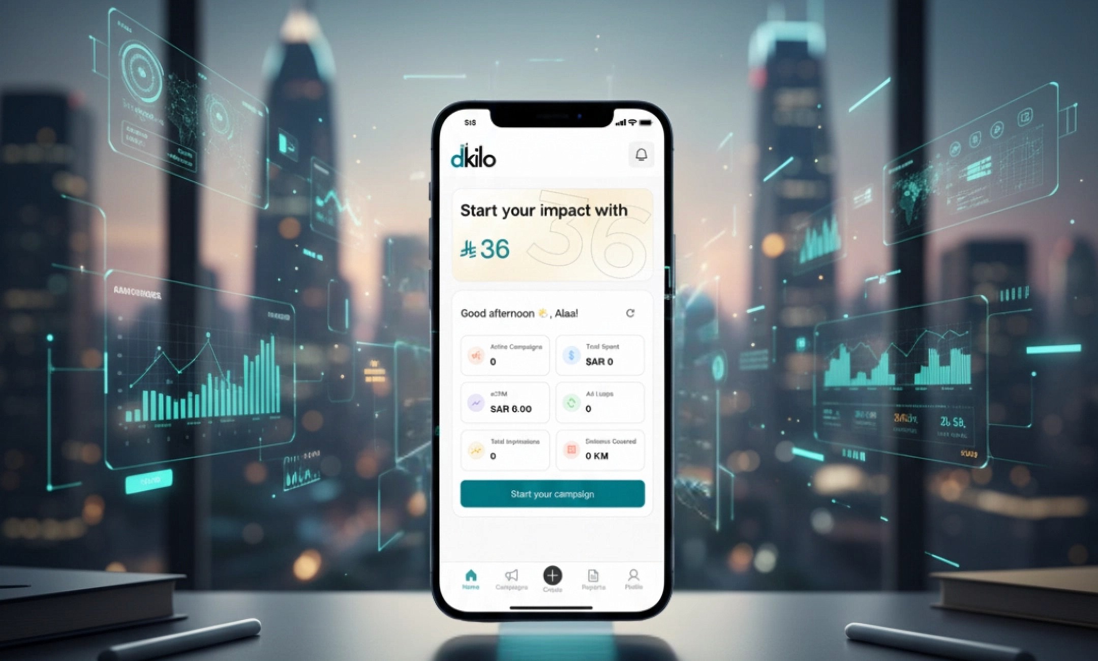 Smartphone displaying dKilo’s DOOH advertising dashboard with campaign metrics, set against a futuristic city background with floating data visualizations.