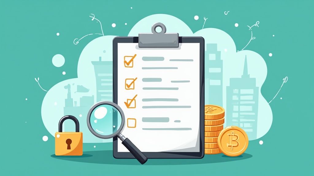 Illustration of a checklist, magnifying glass, padlock, and Bitcoin, representing secure crypto operations.