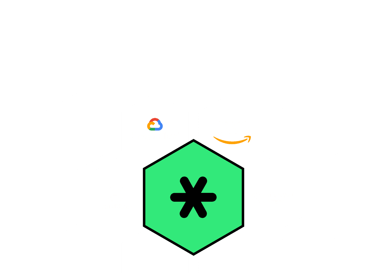 The image features a geometric pattern of white hexagons with a central green hexagon displaying a black asterisk, featuring logos from cloud service providers such as Google Cloud and AWS.