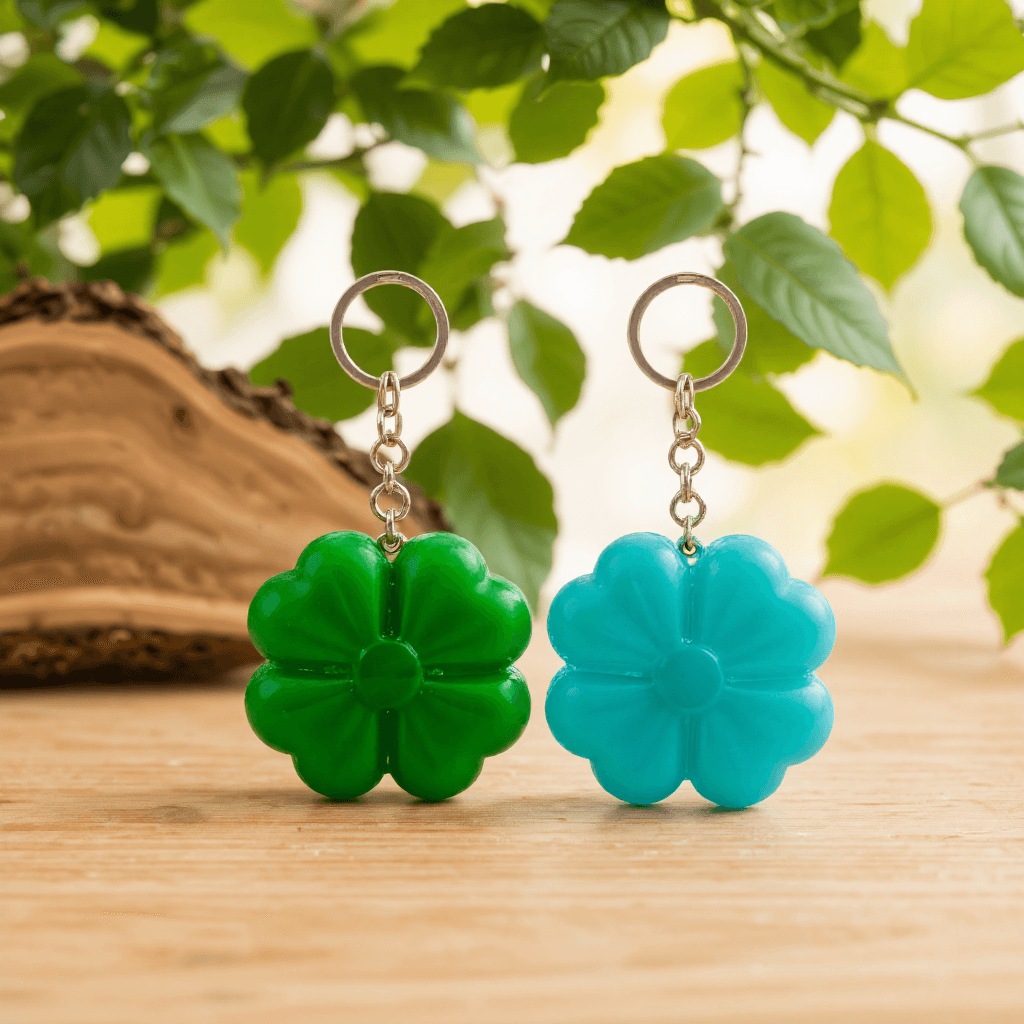 product photography of a set of decorative keychains shaped like clovers
