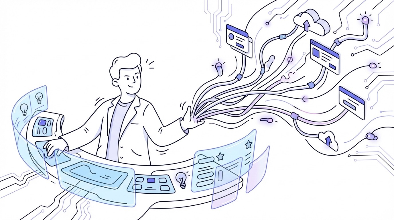 An illustration of a single, confident Sales Development Representative (SDR) at a futuristic control panel, orchestrating a vast, glowing network of outbound communication pipelines, symbolizing immense reach and efficiency without needing more staff.