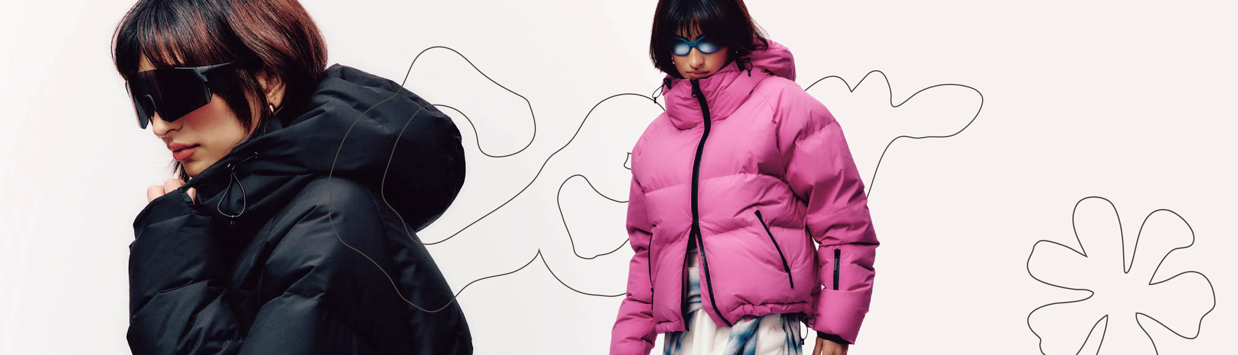 A graphic collage involving photos of a black and pink ski jacket mixed with outlined logos