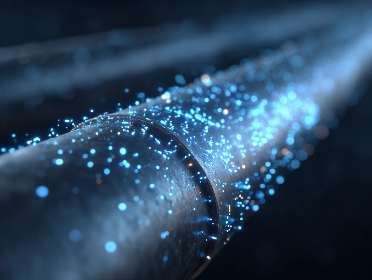 Close-up of a pipe with glowing blue particles, representing data or energy flow, with a gradient effect.