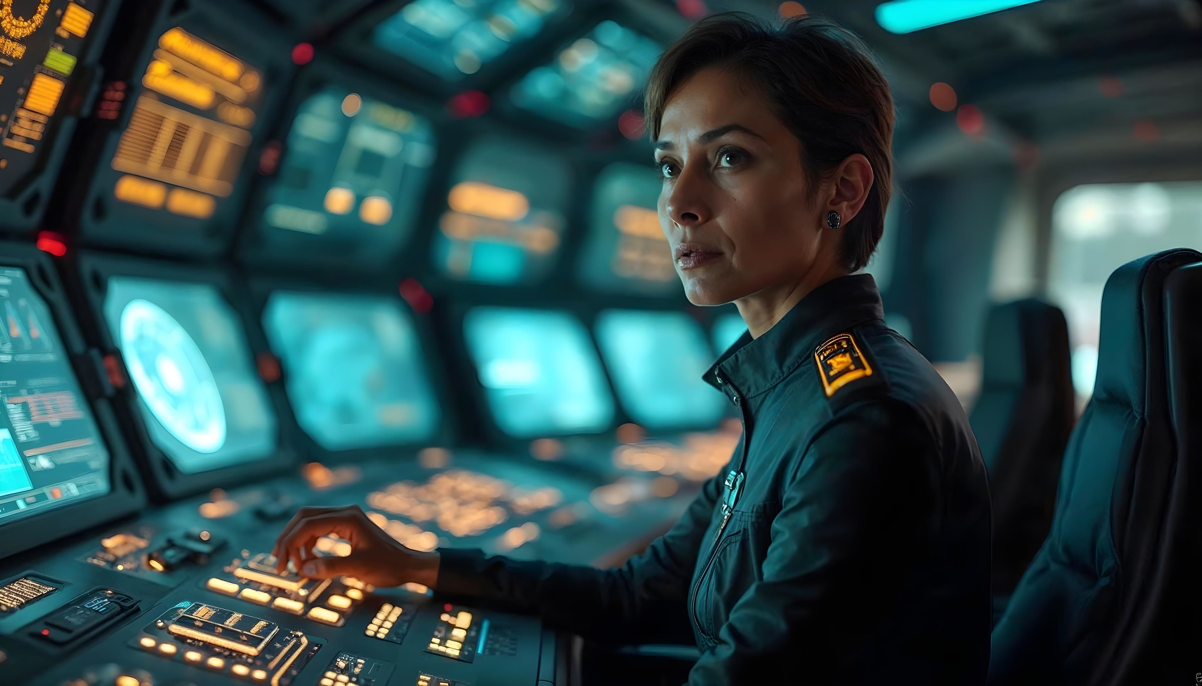 A short haired woman in a military-style uniform sits at a control panel filled with illuminated screens and buttons, focused on the monitors. The setting appears to be a high-tech command center or control room.