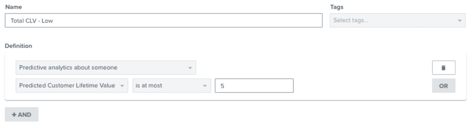 Klaviyo segmentation example using predictive analytics to identify customers with low lifetime value for targeted strategies