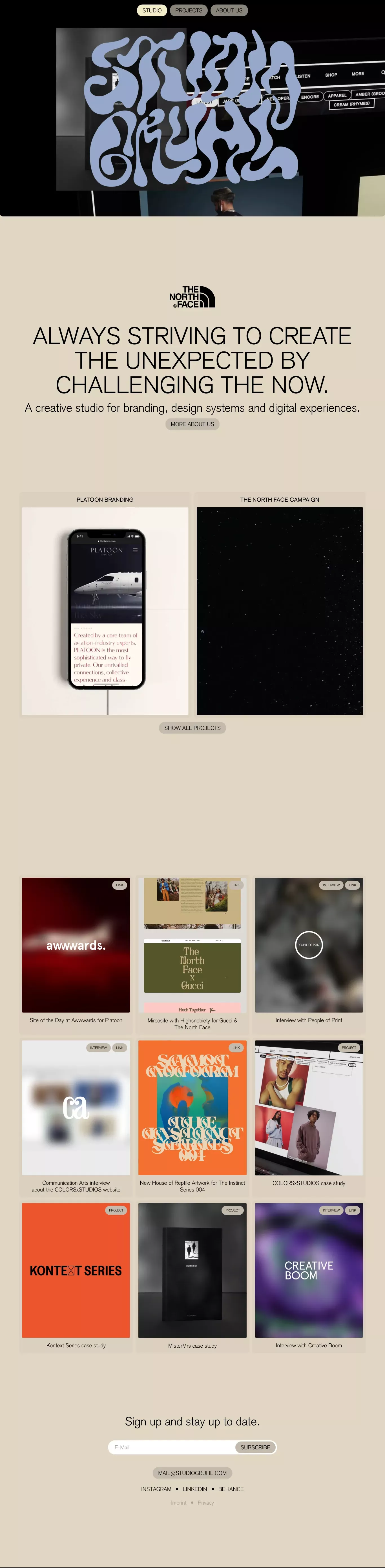 Studio Gruhl portfolio page screenshot showcasing Design and Tech design