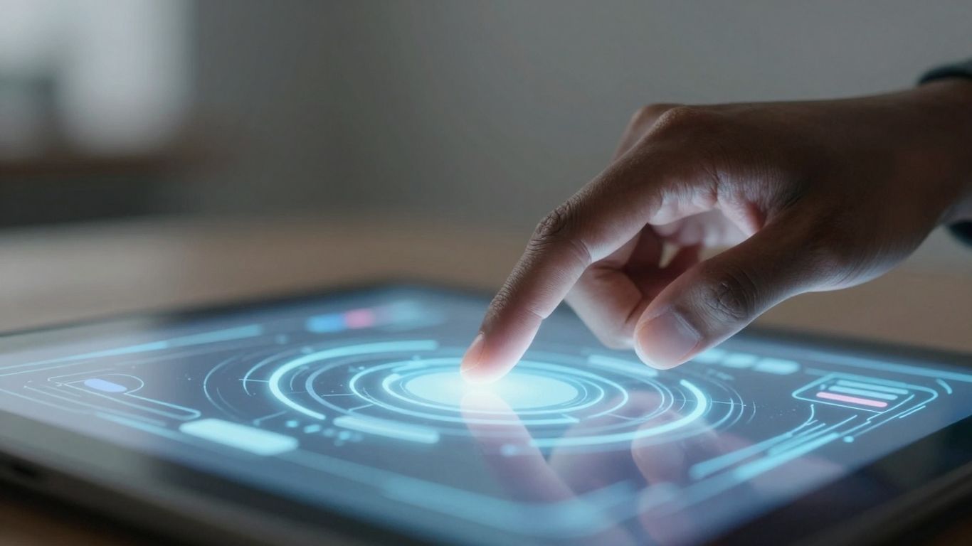 AI software interface with glowing data streams.