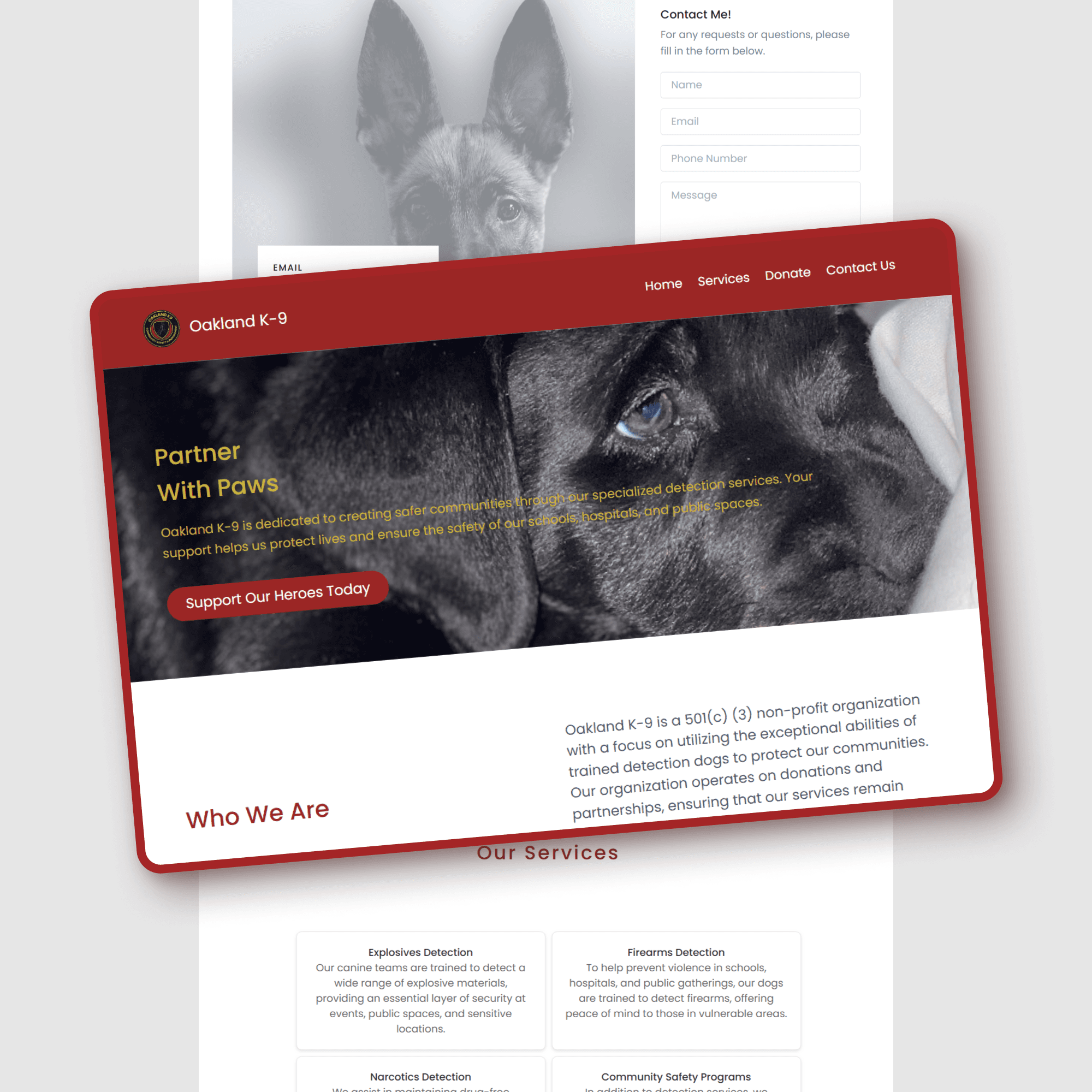 Mockup with an enlarged landing page featuring a dog, layered above smaller “Contact Us” and “Our Services” screens