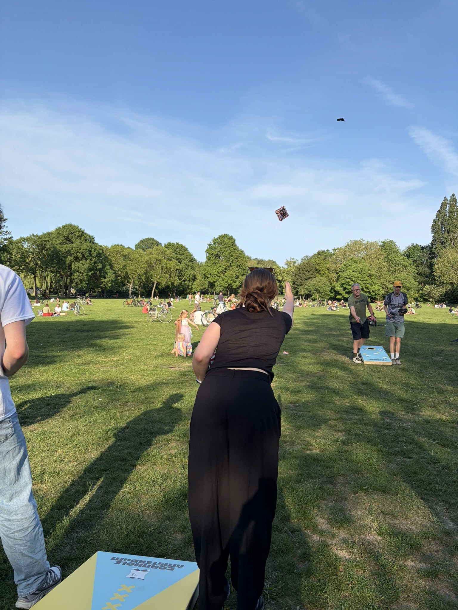 Cornhole spelen op een zonnige dag in een Amsterdams park