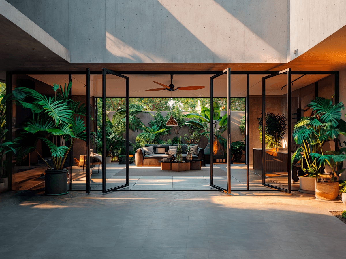 Twilight view of open-plan living space with black-framed glass walls, modern furniture, and integration between indoor and outdoor tropical landscaping