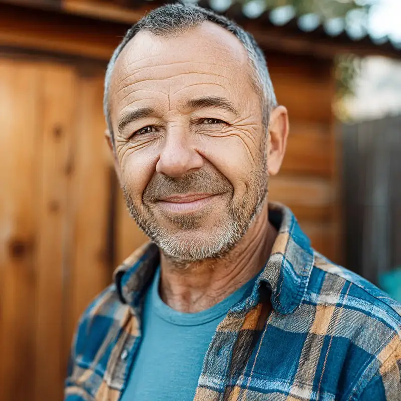 Older man with graying hair and beard, smiling warmly. He's wearing a blue plaid shirt, standing in front of a wooden building, conveying a casual, content vibe.