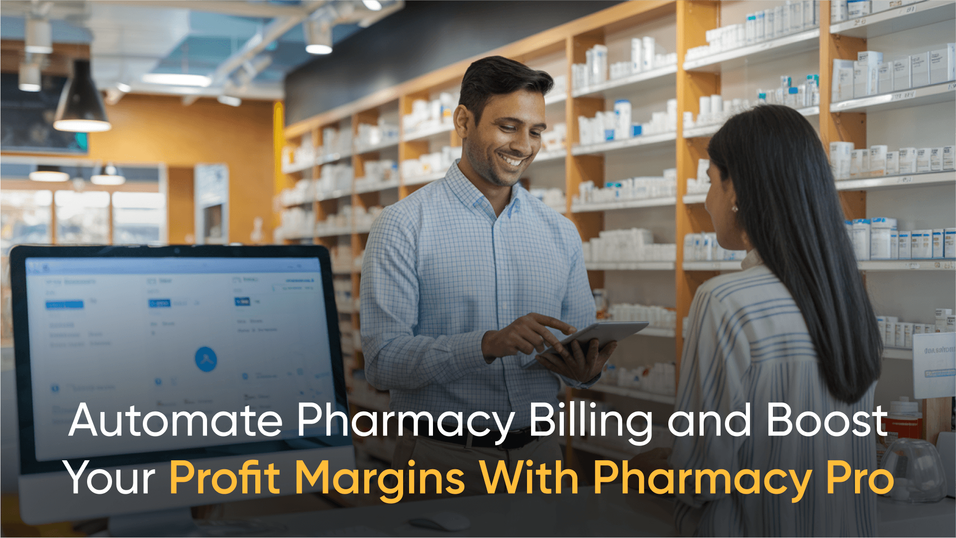 Pharmacist using Pharmacy Pro software on a desktop and tablet while assisting a female customer. - Pharmacy Billing Automation - Pharmacy Profitability - Pharmacy Management Software - Pharmacy Software Solutions - Automated Refill Reminders - Pharmacy Inventory Management - Pharmacy Productivity Tools - Improve Pharmacy Margins - Pharmacy Pro Features - Pharmacy Business Growth