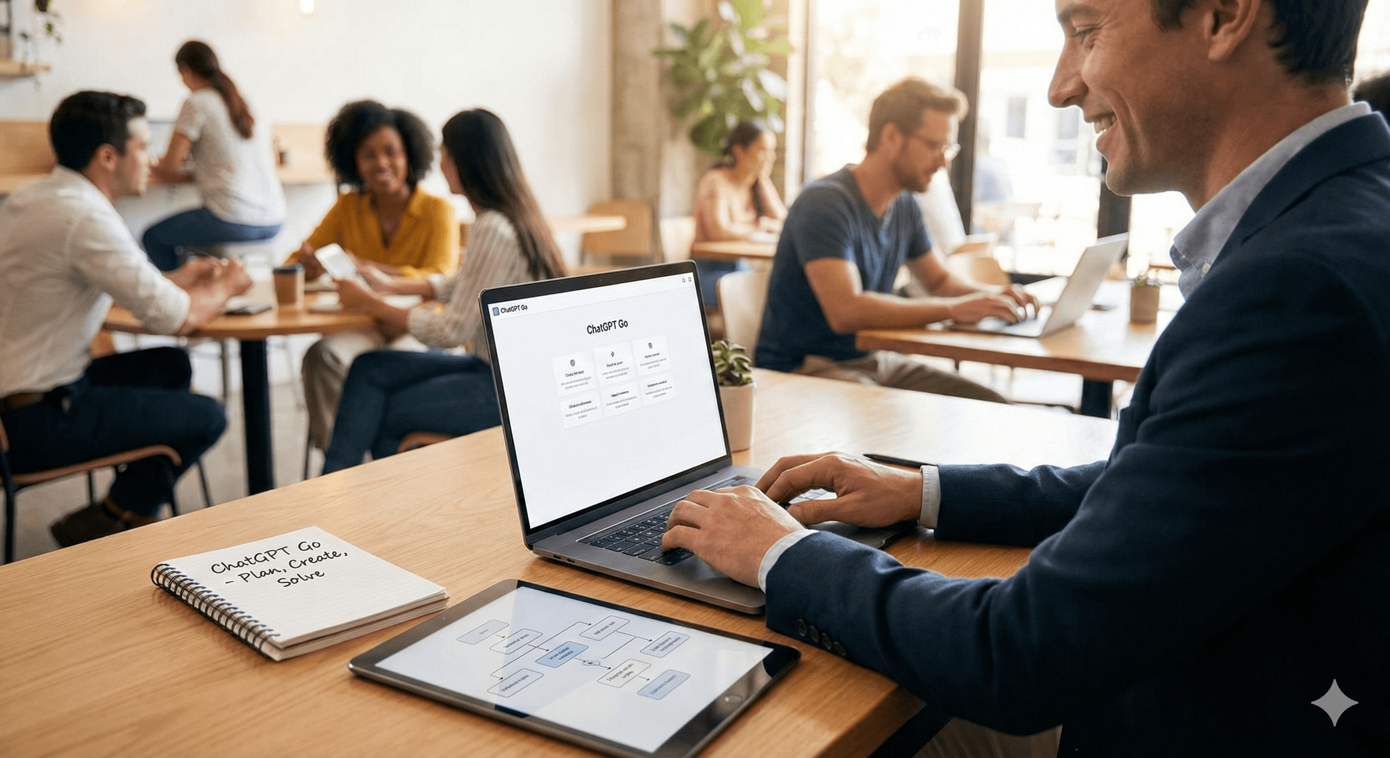 A business casual workspace filled with diverse individuals, featuring a person smiling and working on a laptop displaying the "ChatGPT Go" interface, with nearby note paper hinting at the concept "ChatGPT Go Goes Global: GPT-5.2 Instant for Less".