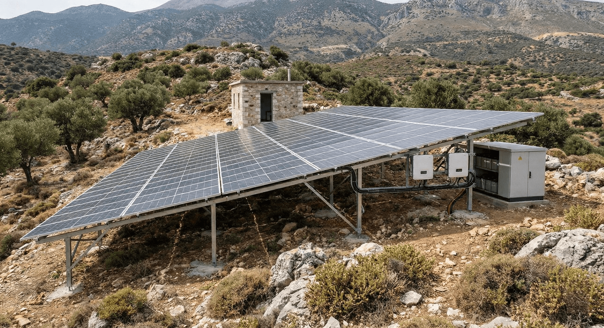 Aerial view of ground-mounted photovoltaic solar park installed across agricultural landscape