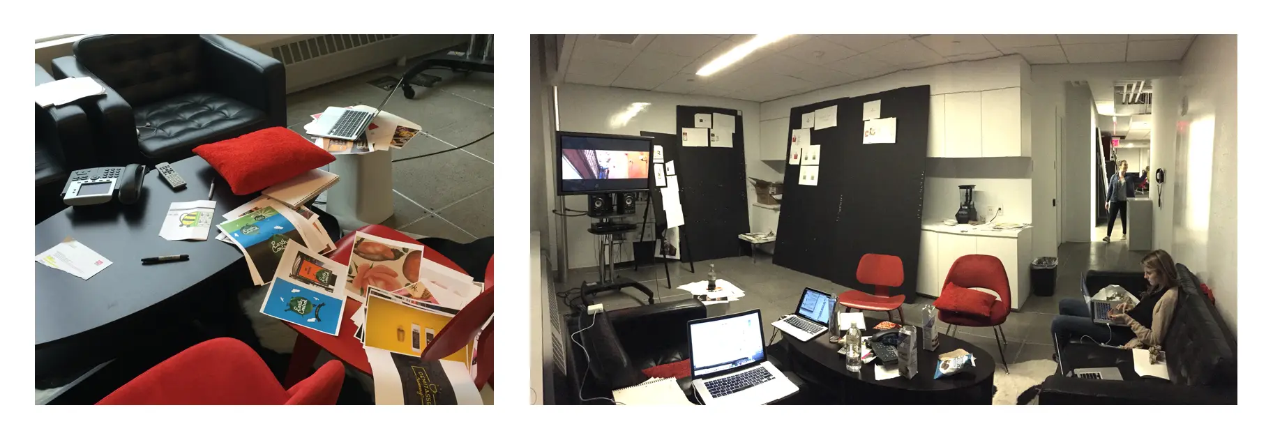 Behind-the-scenes studio photos from the Zarbee's brand project — printed brand materials, competitor packaging, and reference imagery spread across a conference table, alongside the working studio space with presentation boards, pinned concepts, and team members collaborating on laptops.