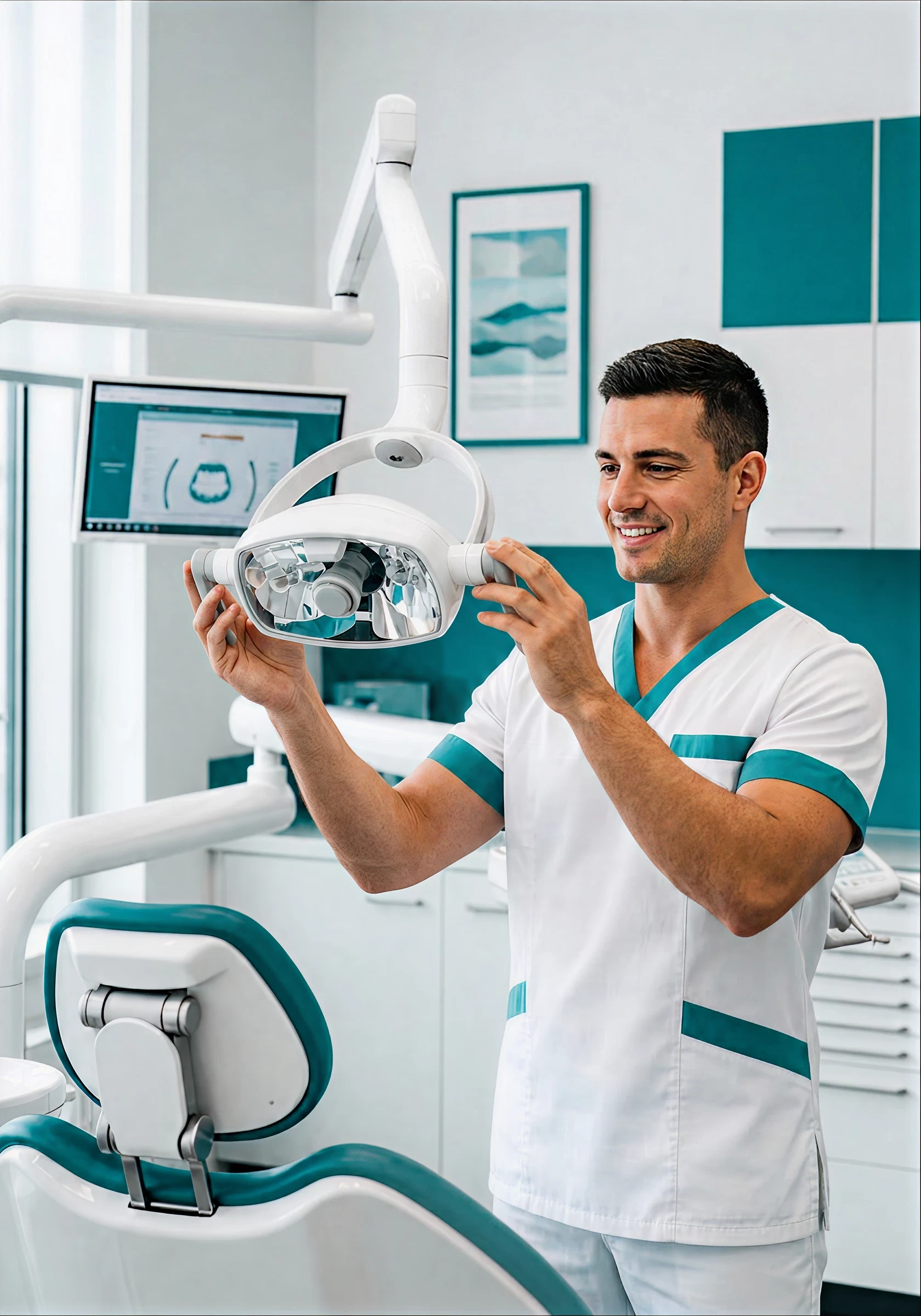 Male dentist adjusting modern dental light in treatment room.
