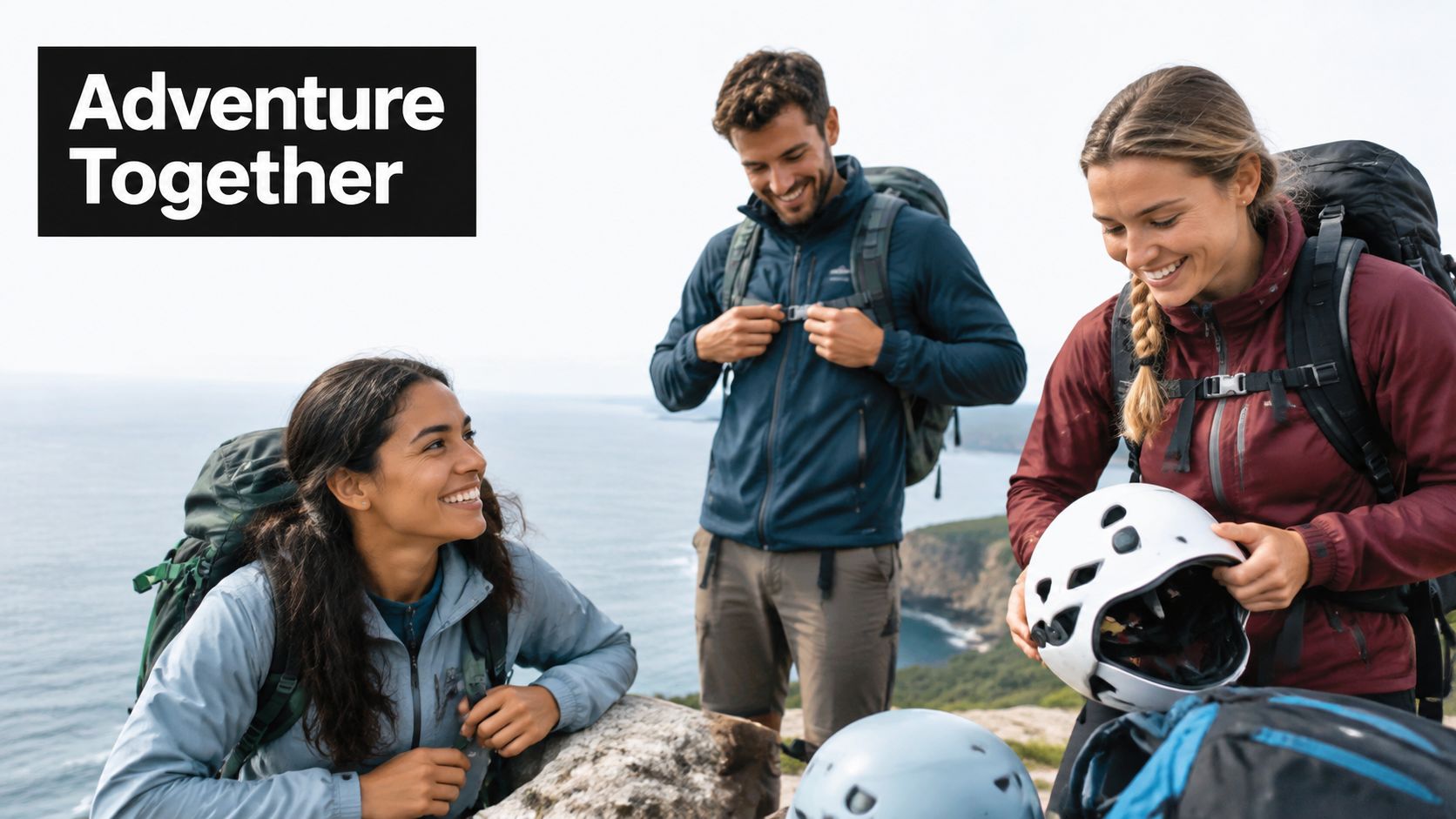 A diverse group of three friends smiling while preparing for an outdoor adventure on a cliffside.