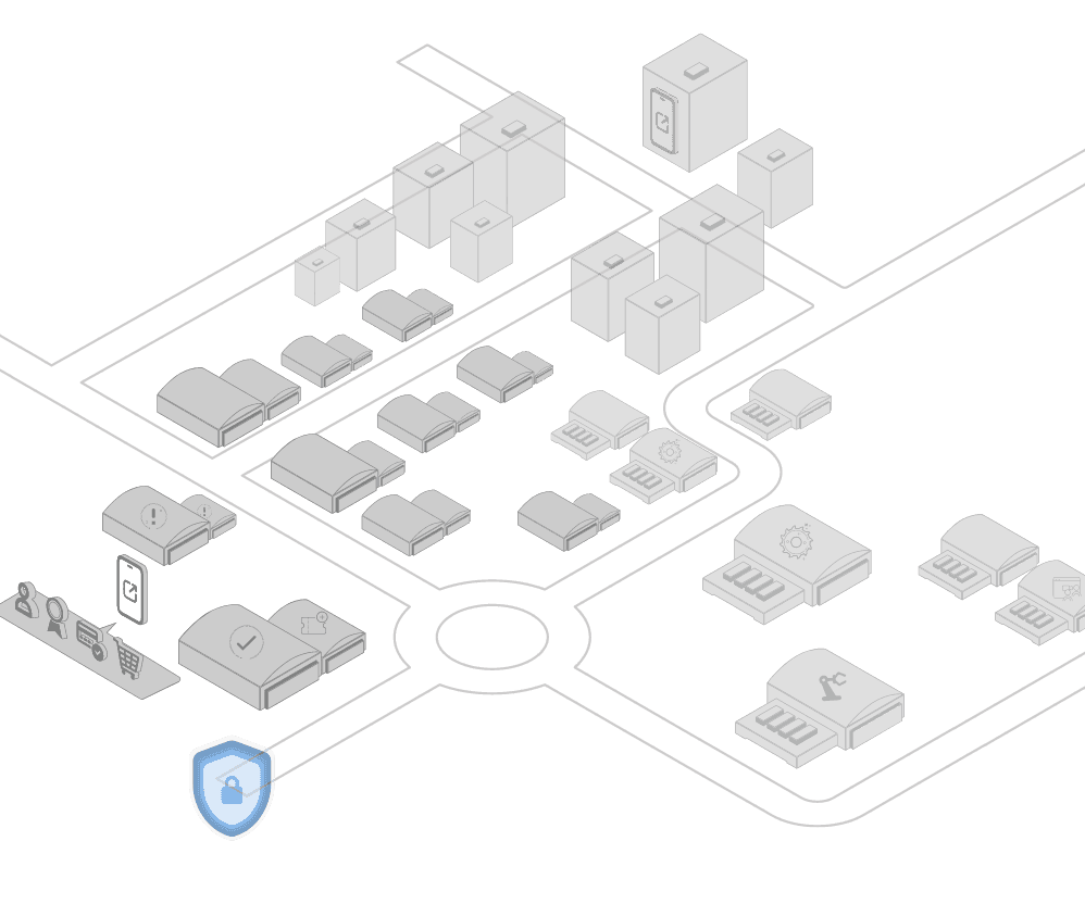 Illustrated traffic network of a new development area, with a castle symbol at the end of the street, densely populated, with various building types.