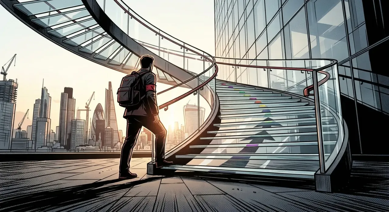 Man ascends vibrant stairs in cityscape; RockN' Socials Digital Marketing Agency.