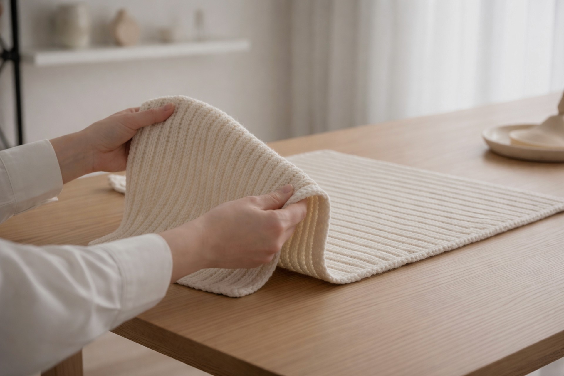 Close-up of hands stretching a piece of thick, cream-colored ribbed knit fabric on a wooden table.