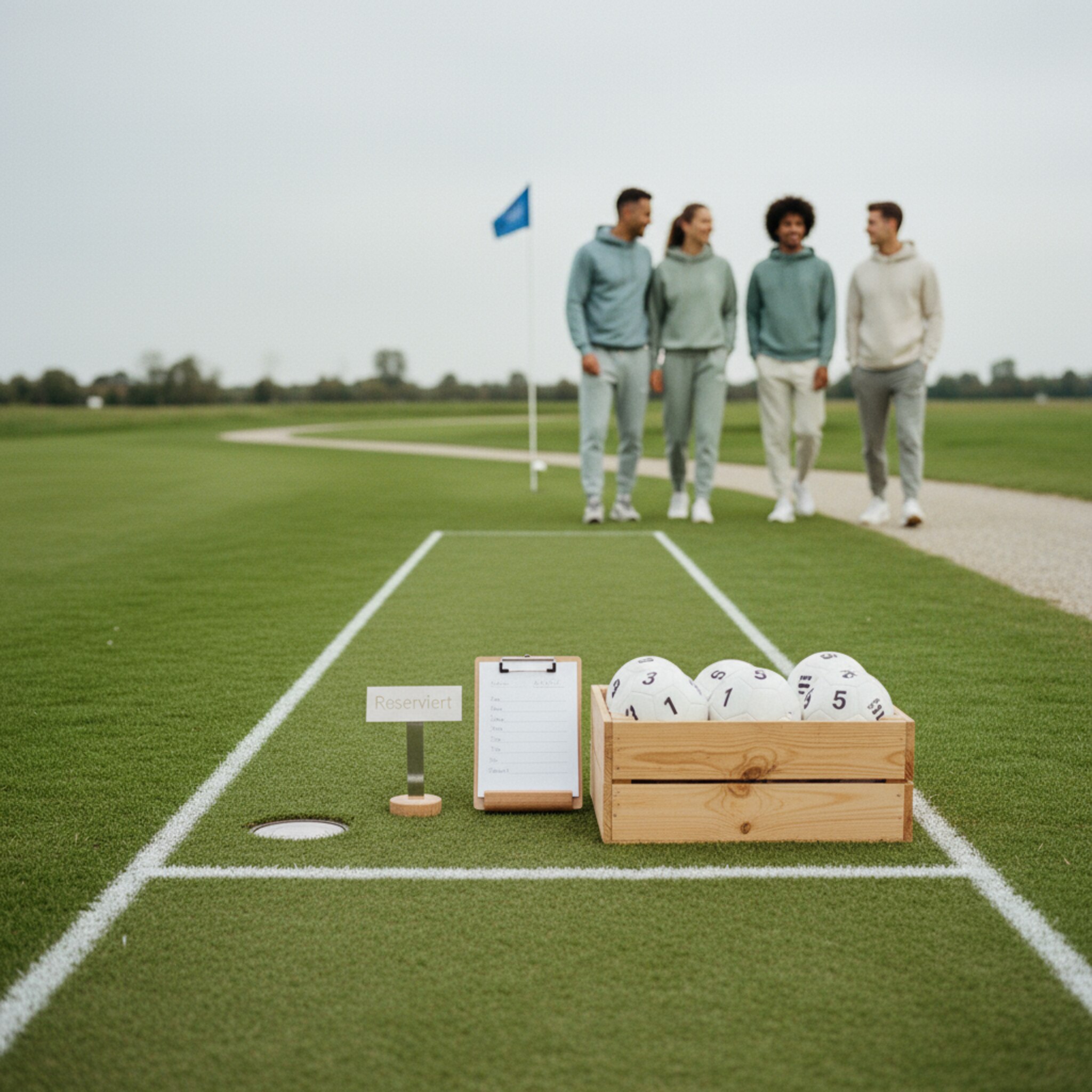 Ein Reserviert-Schild steht an einem Abschlag, daneben wartet eine aufgeräumte Kiste mit nummerierten Bällen. Eine Gruppe kommt gut gelaunt an und nickt sich zu, bereit für die Runde. Die Szene wirkt zuverlässig, wertig und klar organisiert.