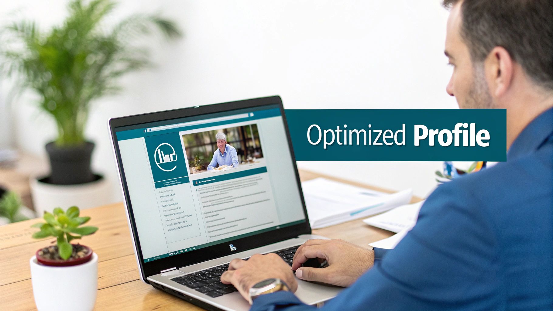 A person sitting at a desk with a laptop, focused on building their LinkedIn presence, with network graphics in the background.