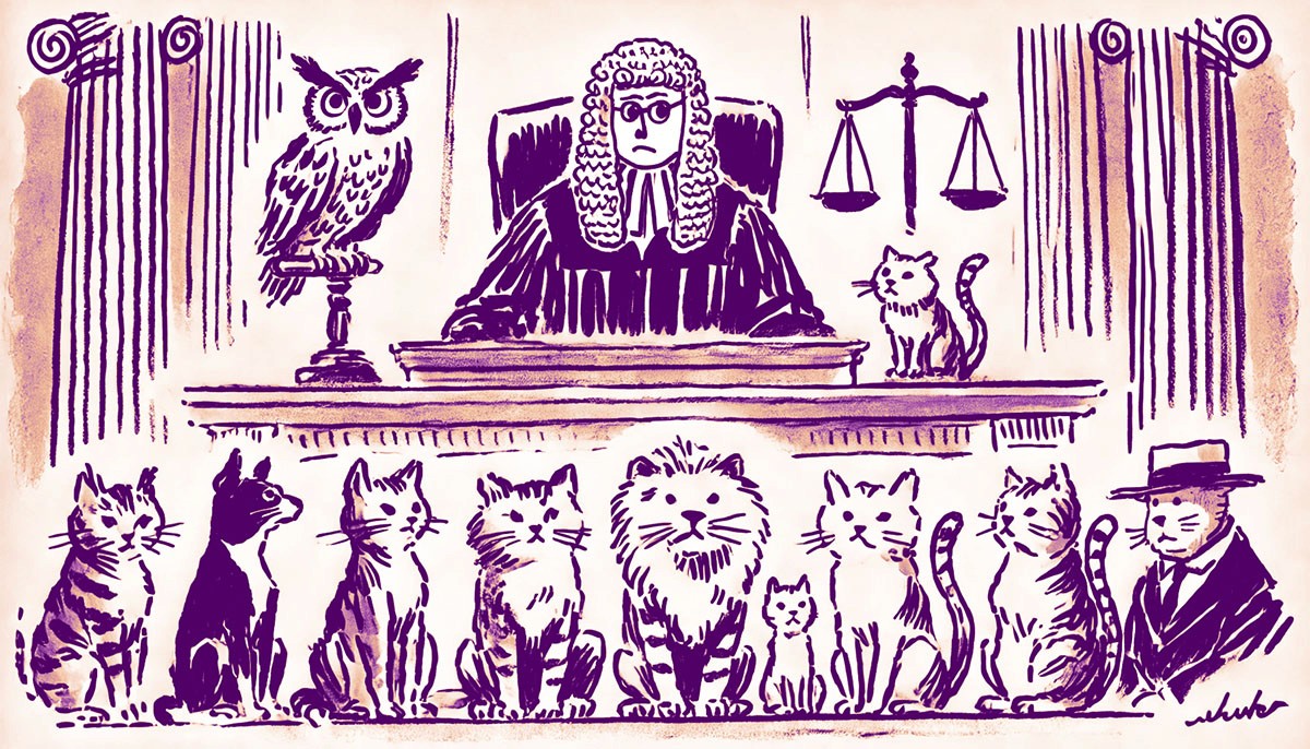 An illustration of a courtroom with a confused judge looking at a jury of cats. There