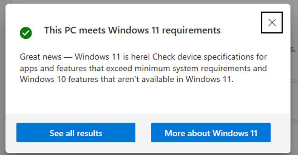 Microsoft PC Health Check app showing Windows 11 compatibility requirements