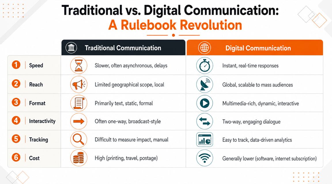 A comparison chart showing six key differences between traditional and digital communication methods for business.
