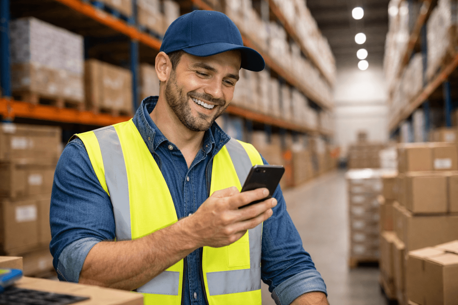 Homem em um galpão de distribuição moderno fazendo pedido pelo celular de forma rápida e simples, cercado por pallets e caixas organizadas, representando agilidade e eficiência no processo de compra B2B.