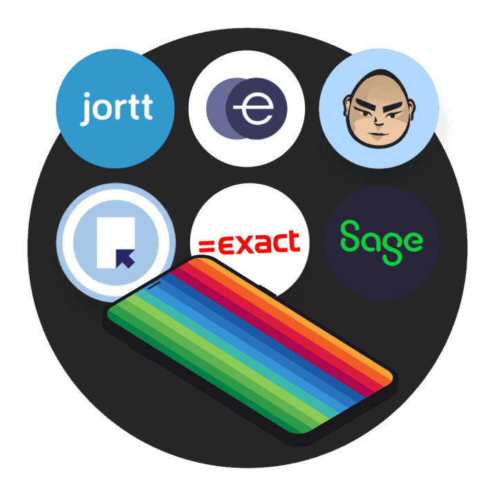 Handy in Regenbogenfarben mit Logos von Buchhaltungs-Apps wie Jortt, MoneyMonk, Asperion, Exact und Sage