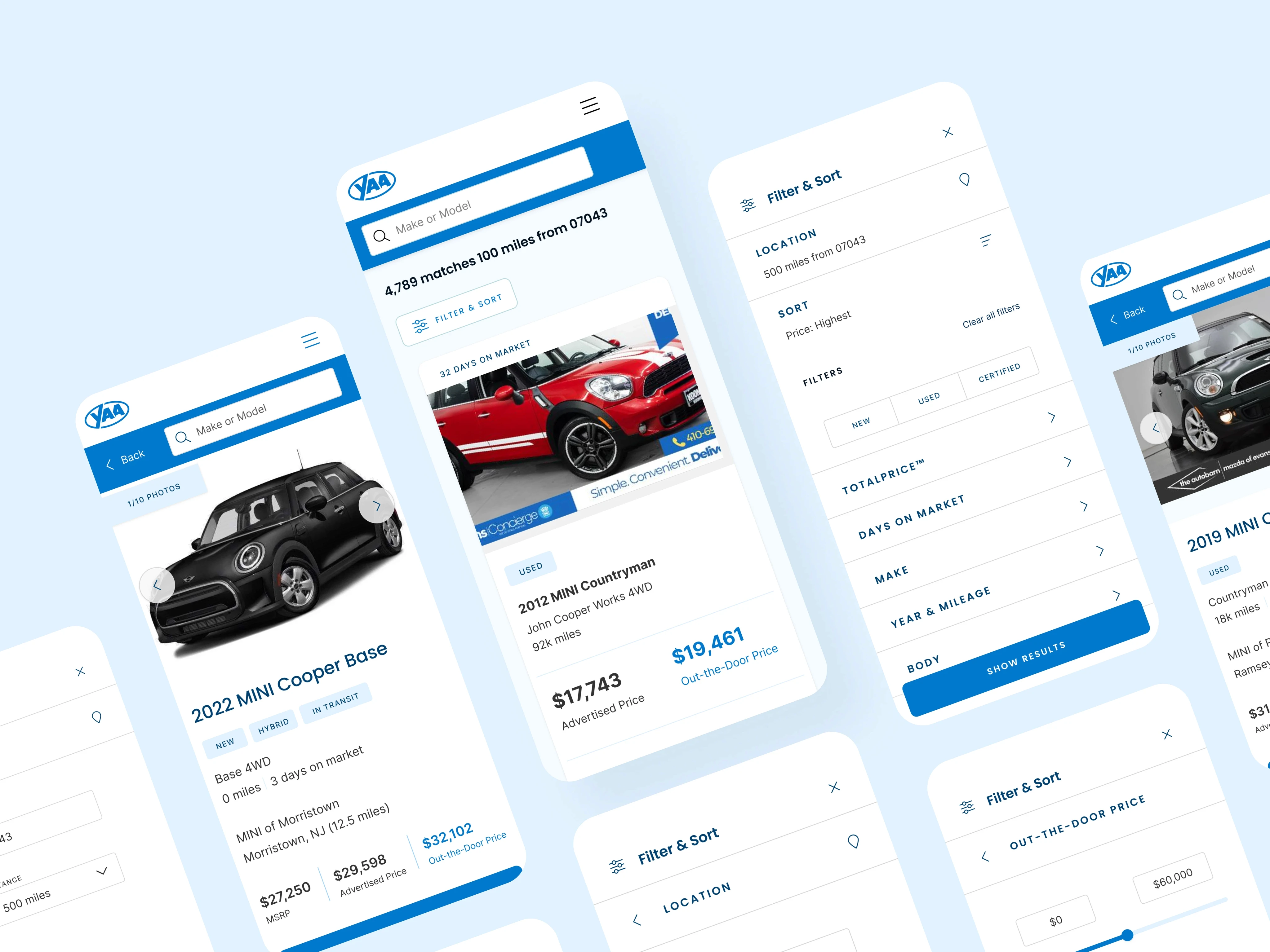 Mobile app screens for a car marketplace with search, filters, and listings for MINI Cooper models.