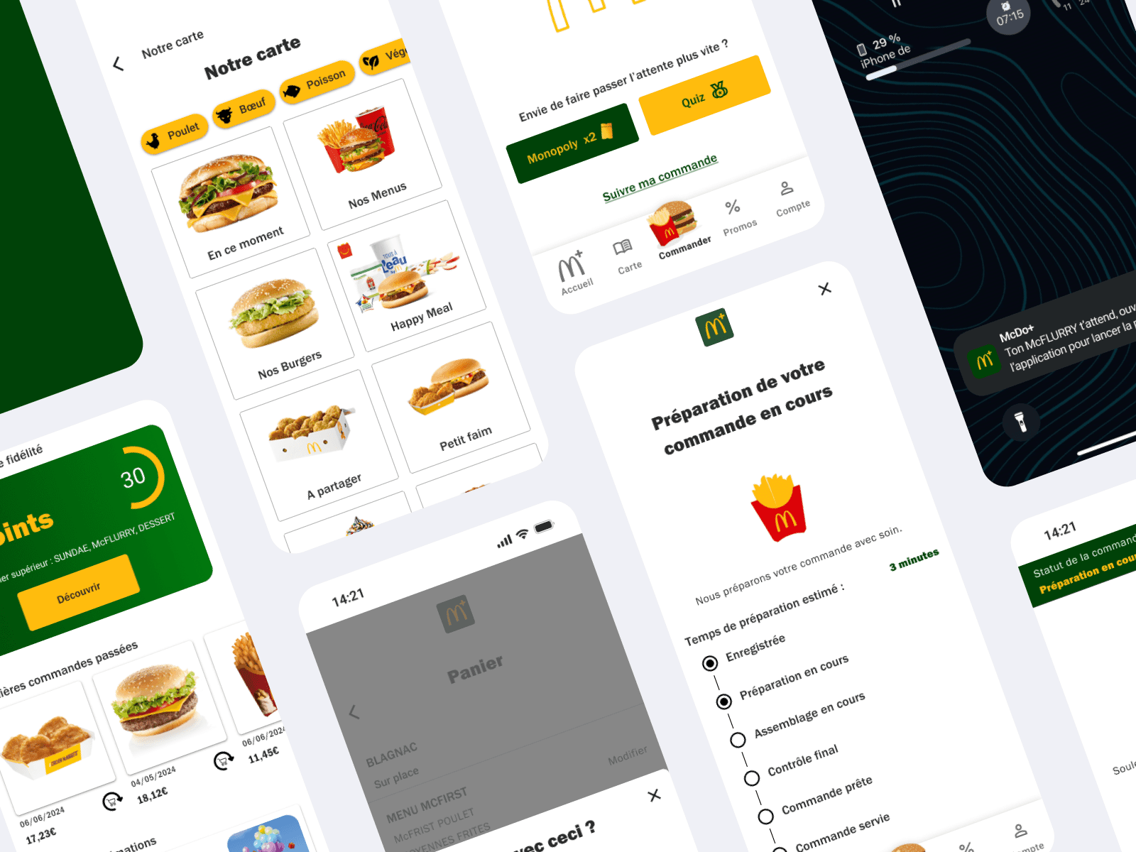 Mock-ups of the various interfaces of the McDonald's application.