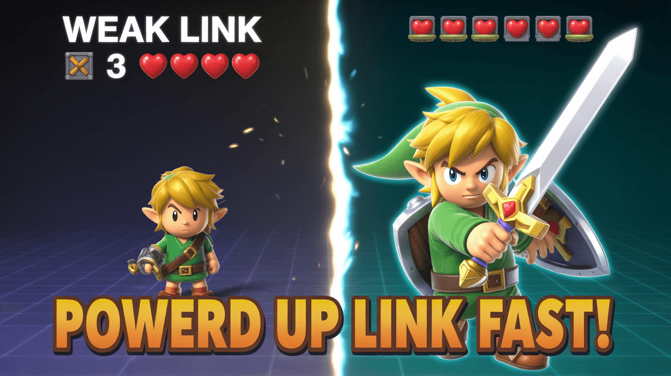 Weak Link versus powered-up Link split screen with retro grid and Power Up Link Fast text