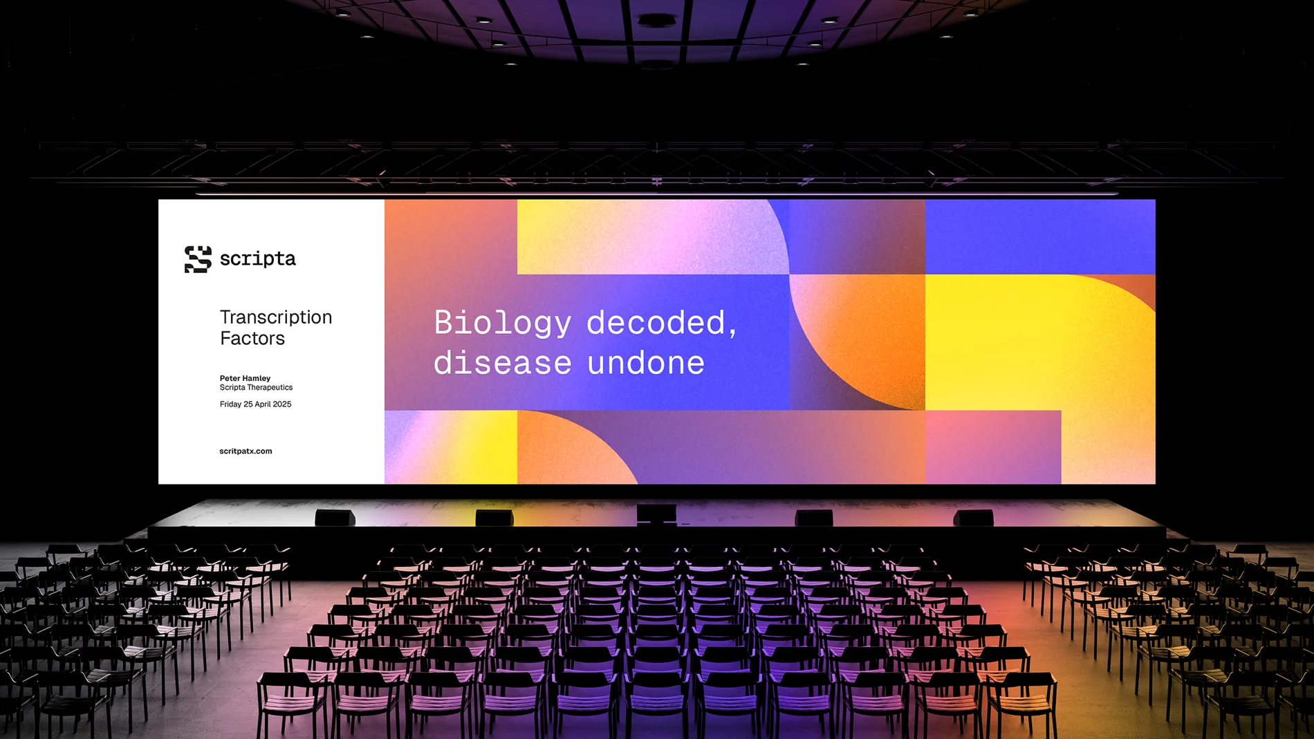 Large conference hall with a wide projection screen showing a Scripta presentation titled ‘Transcription Factors’ and the tagline ‘Biology decoded, disease undone’.