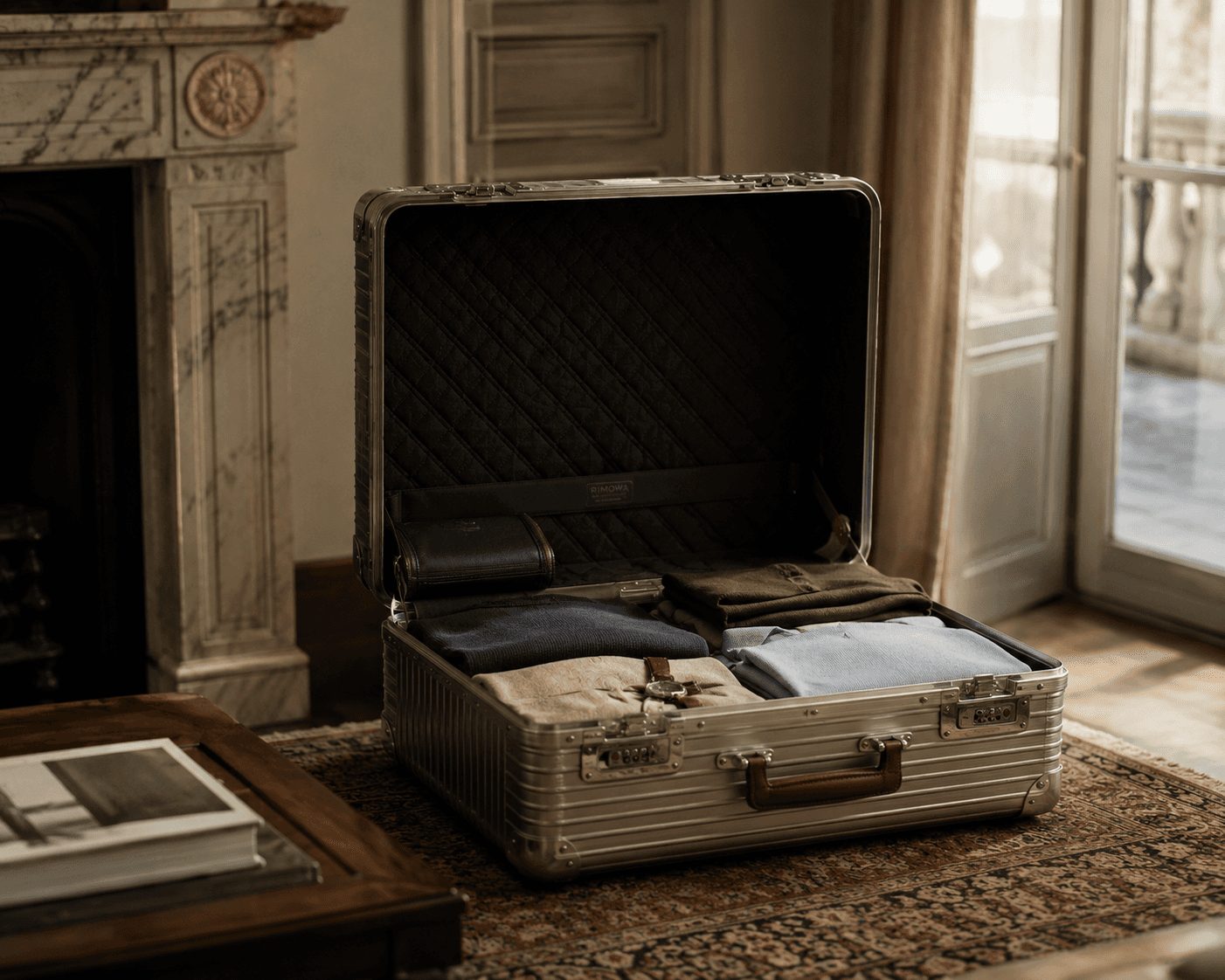 An open silver aluminum Rimowa-style suitcase resting on an ornate vintage Persian rug inside an elegant room with a marble fireplace. The interior lid is lined with dark quilted fabric, while the main compartment is neatly packed with folded men's sweaters in navy, light blue, beige, and brown tones, alongside a wristwatch and leather accessory pouch.